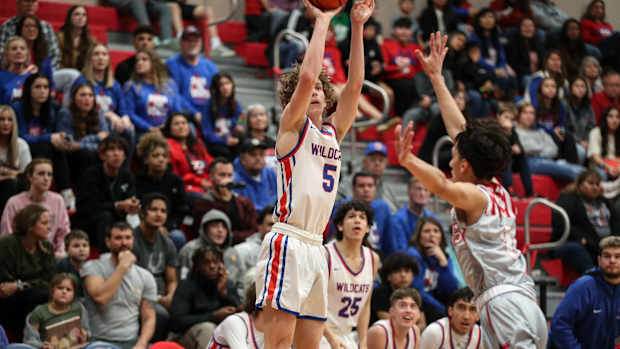 Gregory-Portland's Trevor Jones shoots a basket during the game against Ray on Friday, Jan. 27, 2023, in Portland, Texas.